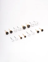 Gold Black Crystal & Pearl Stud Earring 8-Pack