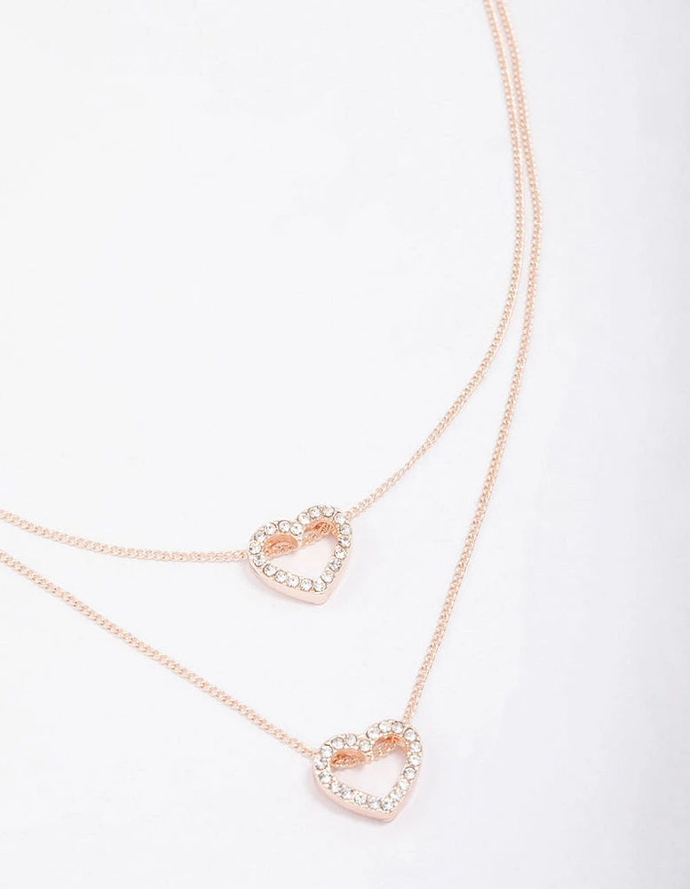 Rose Gold Double Diamante Open Heart Necklace