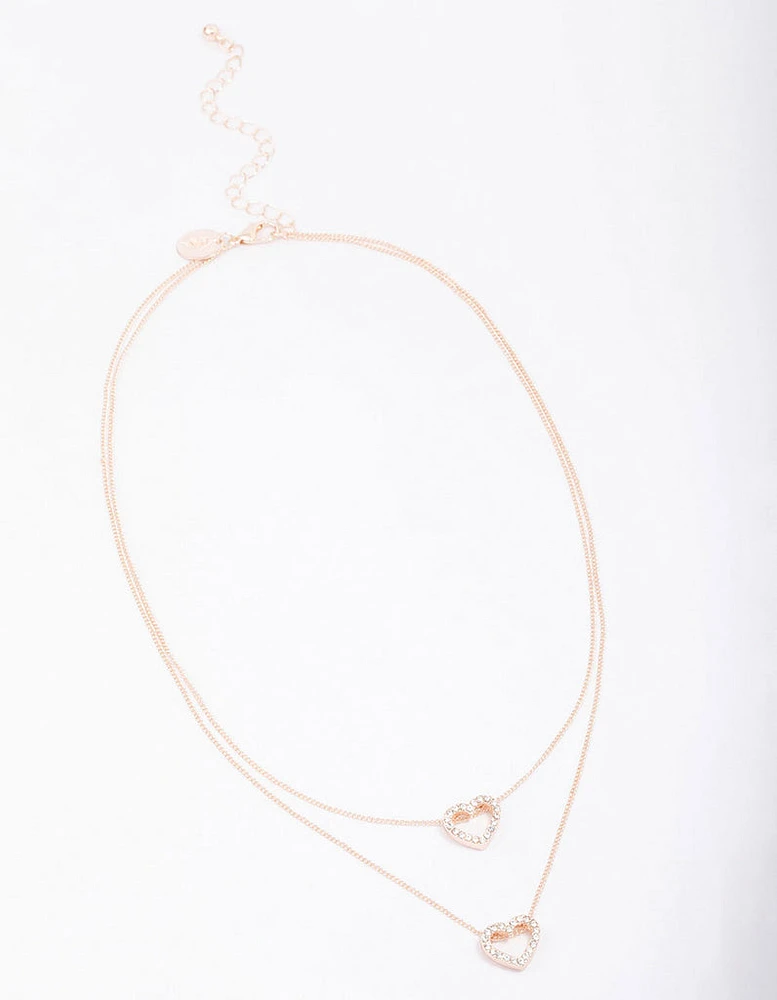 Rose Gold Double Diamante Open Heart Necklace