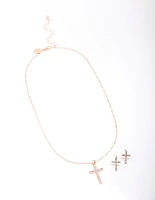 Rose Gold Diamante Cross Jewellery Set