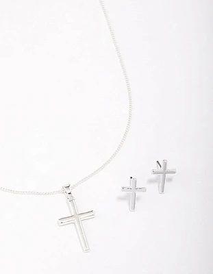 Silver Plain Cross Jewellery Set
