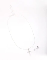 Silver Plain Cross Jewellery Set