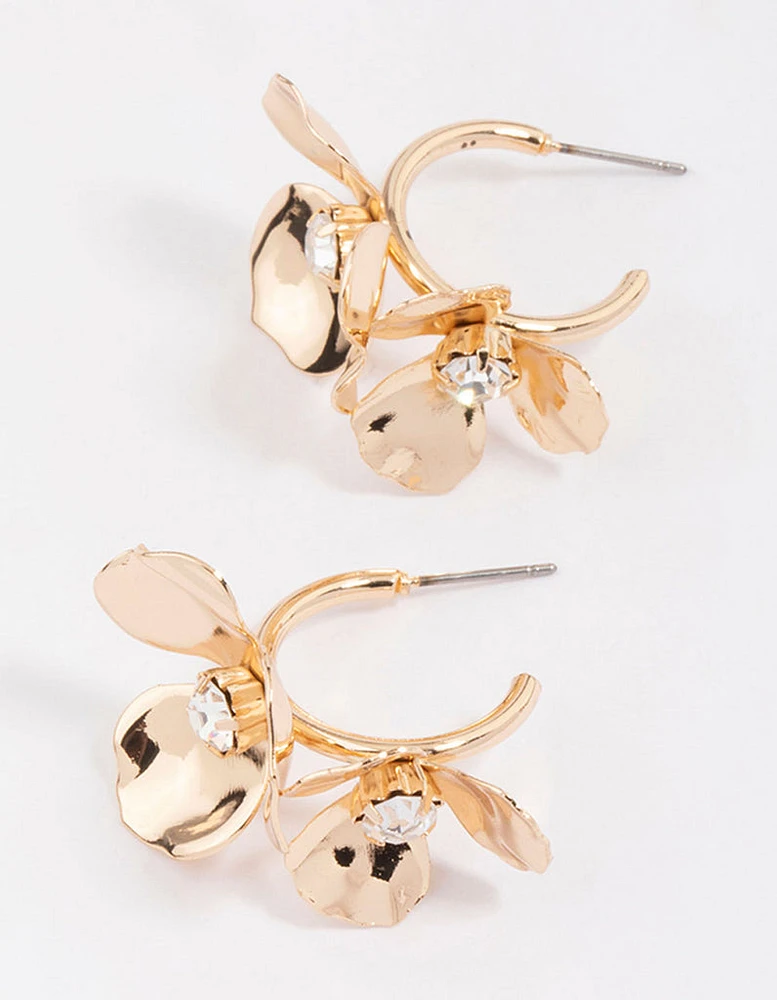 Gold Double Diamante Flower Hoop Earrings