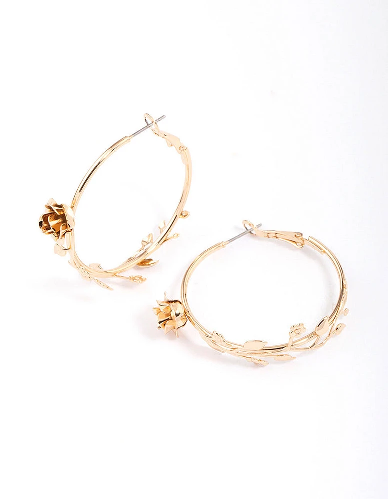 Gold Flower Vine Hoop Earrings