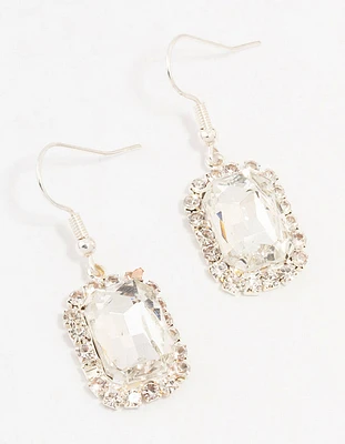 Silver Encased Rectangular Diamante Drop Earrings