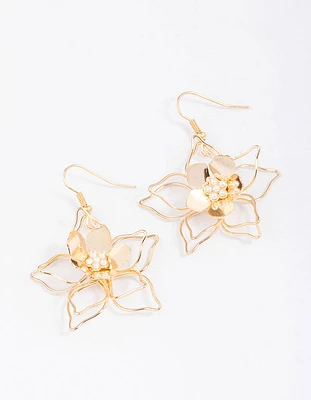 Gold Wire Pearl Flower Drop Earrings