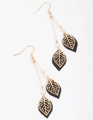 Gold & Black Filigree Diamante Leaf Drop Earrings