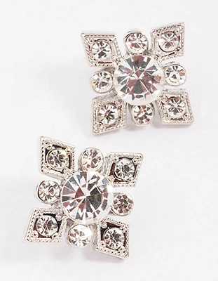 Rhodium Diamante Square Stud Earrings