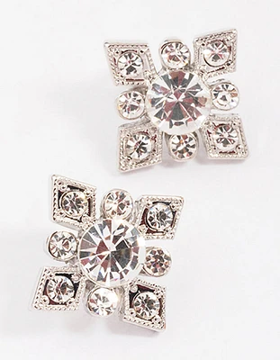 Silver Diamante Square Stud Earrings