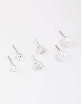 Silver Classic Pearl & Diamante Stud Earring 3-Pack