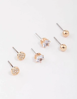 Gold Glitter Diamante Stud Earrings 3-Pack