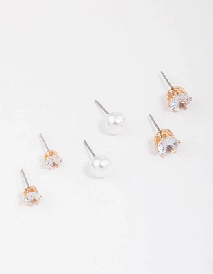 Gold Pearl & Diamante Stud Earring 3-Pack