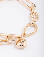 Gold Multi Link Heart T&O Chain Bracelet