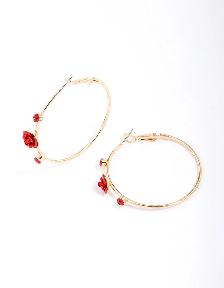Gold Pearlised Red Rose Hoop Earrings
