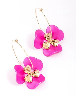 Pink Flower Wire Hoop Earrings