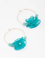 Gold & Blue Flower Beaded Hoop Earrings