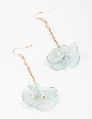 Gold & Blue Cupchain Flower Pearl Drop Earrings