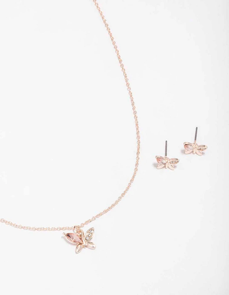 Rose Gold Diamante Butterfly Necklace & Stud Earring Set