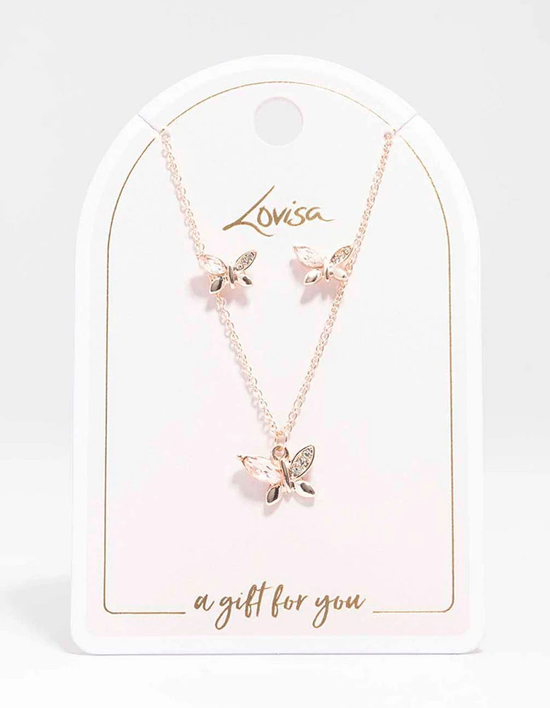 Rose Gold Diamante Butterfly Necklace & Stud Earring Set