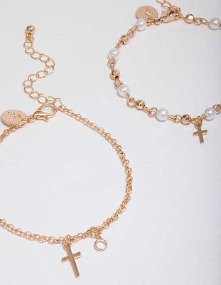 Gold Pearl Cross Charm Bracelet Pack