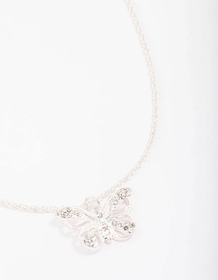 Silver Diamante Open Butterfly Pendant Necklace