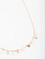 Gold Pearl & Diamante Droplet Chain Necklace