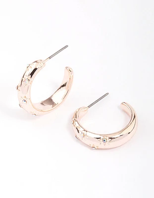 Rose Gold Diamante Star Puffy Hoop Earrings