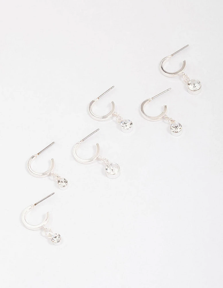 Silver Graduating Diamante Drop Huggie Earring 3-Pack