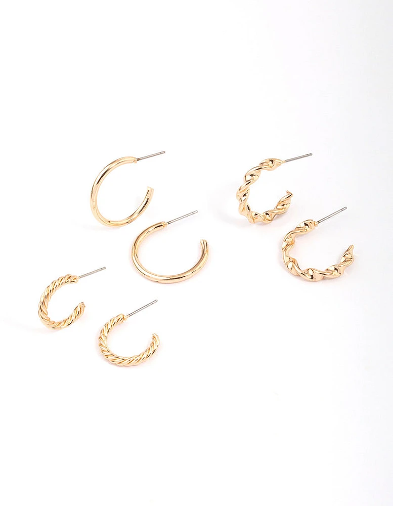 Gold Twisted & Polished Hoop Earring 3-Pack