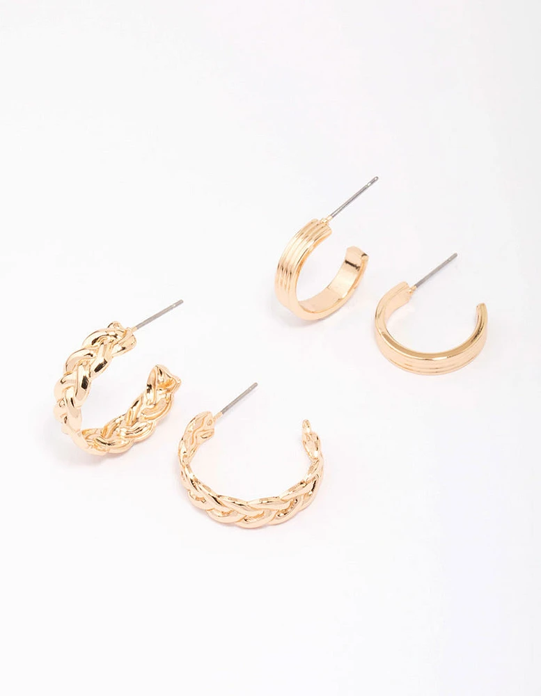 Gold Braided & Ribbed Hoop Earring Pack