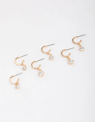 Gold Graduating Diamante Drop Huggie Earring 3-Pack