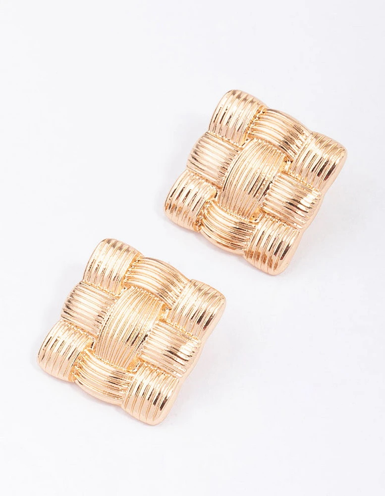 Gold Quilted Square Stud Earrings