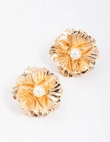 Gold Foil Pearl Flower Stud Earrings