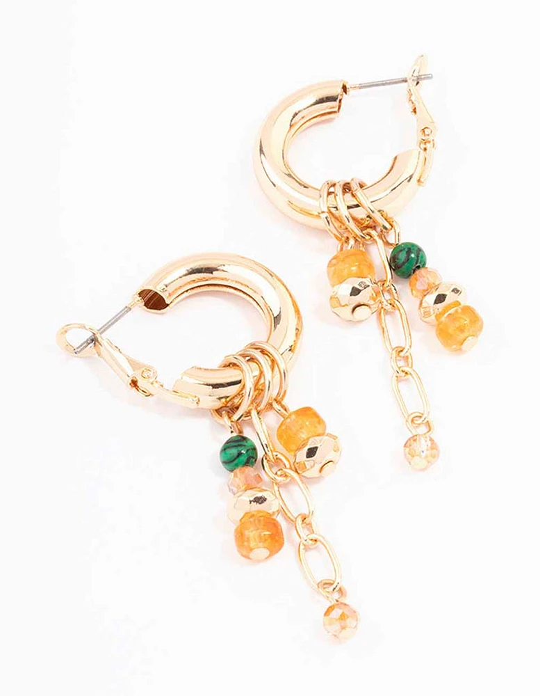 Gold Beaded Charm Chain Hoop Earrings