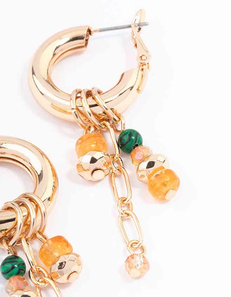 Gold Beaded Charm Chain Hoop Earrings