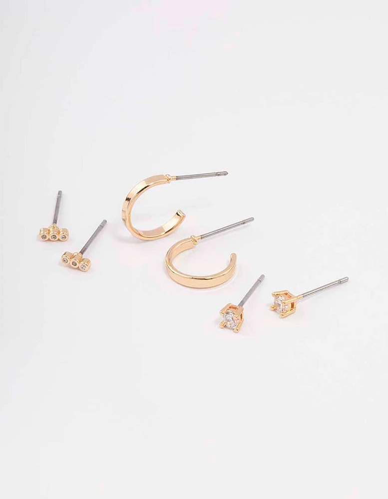 Gold Cubic Zirconia Huggie & Stud Earring 3-Pack