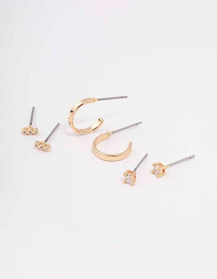 Gold Cubic Zirconia Huggie & Stud Earring 3-Pack