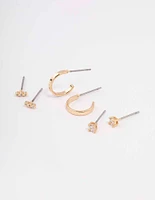 Gold Cubic Zirconia Huggie & Stud Earring 3-Pack