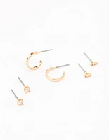 Gold Cubic Zirconia Huggie & Stud Earring 3-Pack