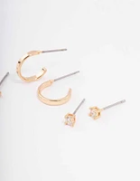 Gold Cubic Zirconia Huggie & Stud Earring 3-Pack