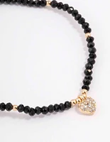 Black Beaded Simple Toggle Heart Charm Bracelet