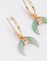 Gold Green Aventurine Horn Hoop Earrings