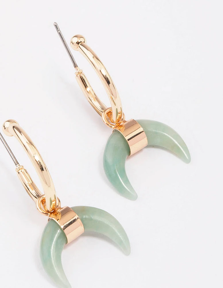 Gold Green Aventurine Horn Hoop Earrings