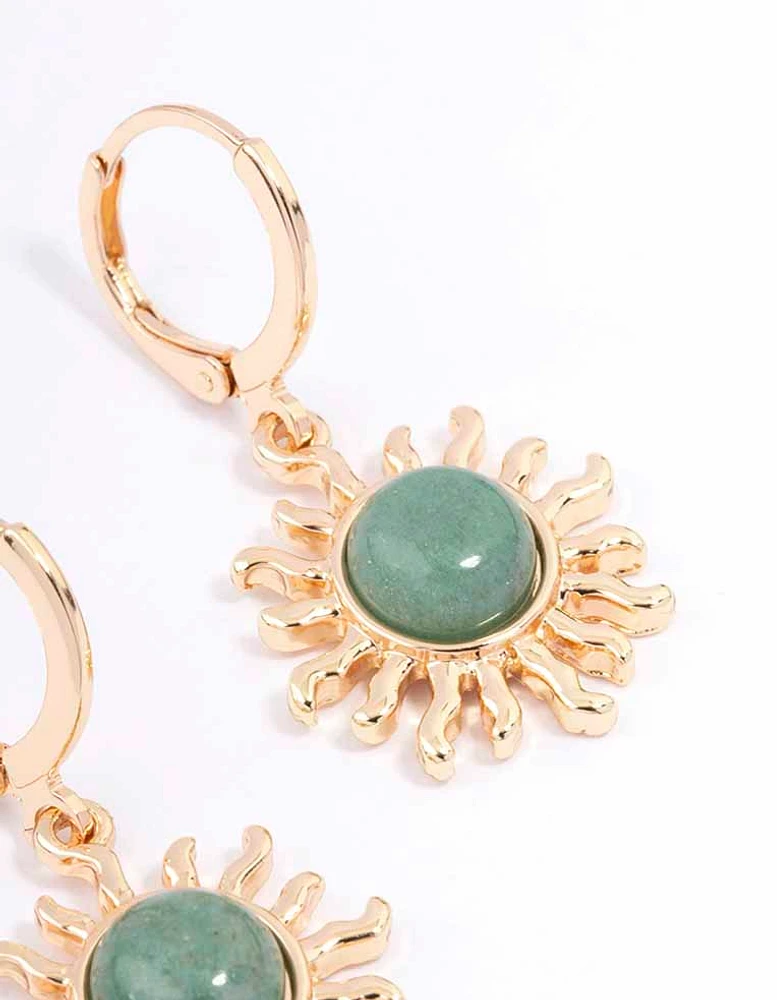 Gold Green Aventurine Sun Huggie Earrings