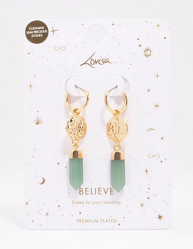 Gold Plated Green Aventurine Coin Drop Earrings