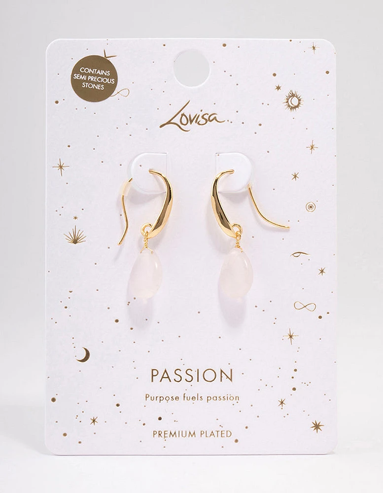 Gold Plated Droplet Rose Quartz Drop Earrings