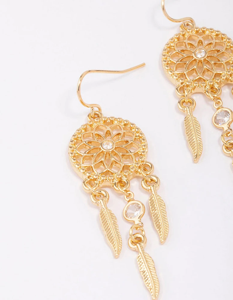 Gold Plated Dream Catcher Drop Earrings