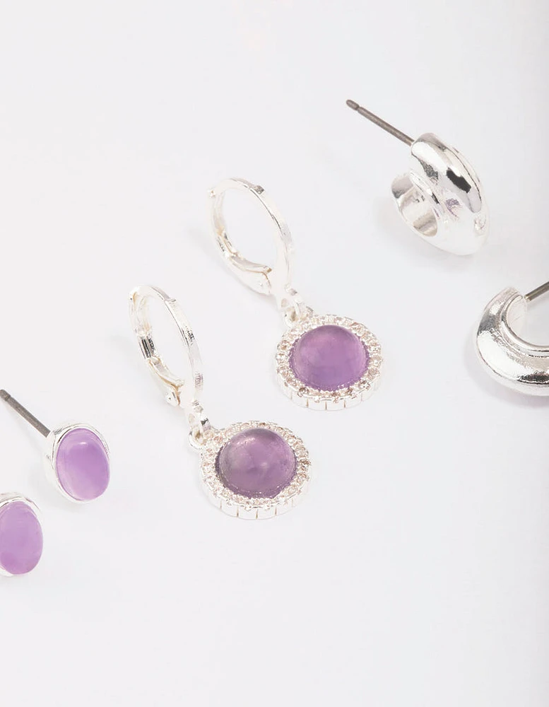 Silver Plated Round Amethyst Earring 3-Pack