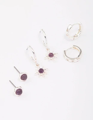 Silver Plated Amethyst Celestial Earring 3-Pack