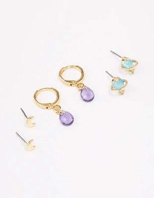 Gold Plated Semi-Precious Planet Earring 3-Pack